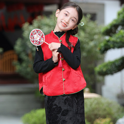 叙罗儿童新中式马甲两面穿亲子装男女童中国风马夹背心女孩唐装