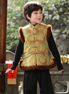 叙罗儿童拜年服马甲男童唐装背心冬季新款中国风坎肩男孩夹棉汉服