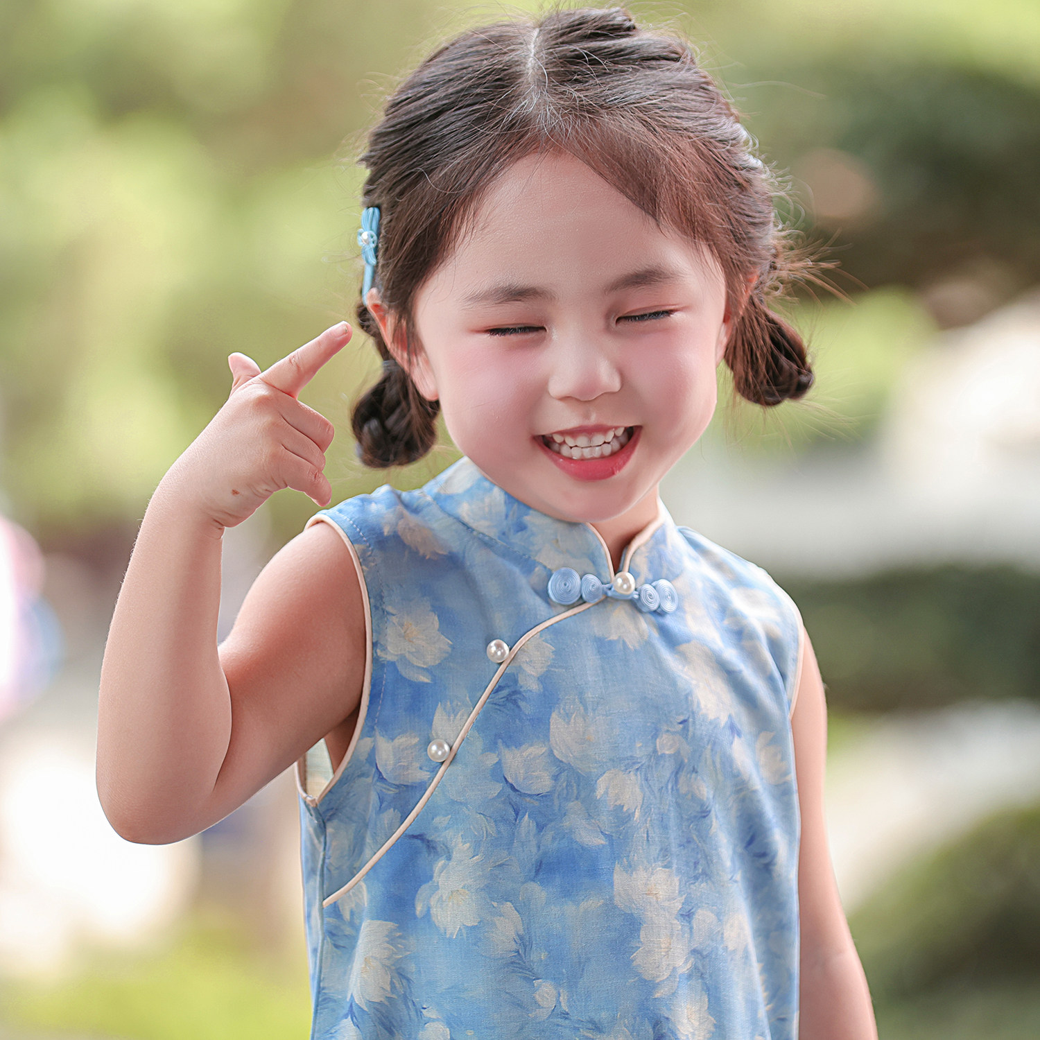 叙罗女童旗袍夏季母女装中国风连衣裙蓝色亲子装儿童无袖中式童装