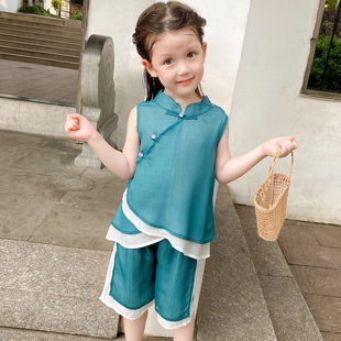儿童汉服套装夏季中国风无袖童装女童唐装洋气茶服二件套国潮古装