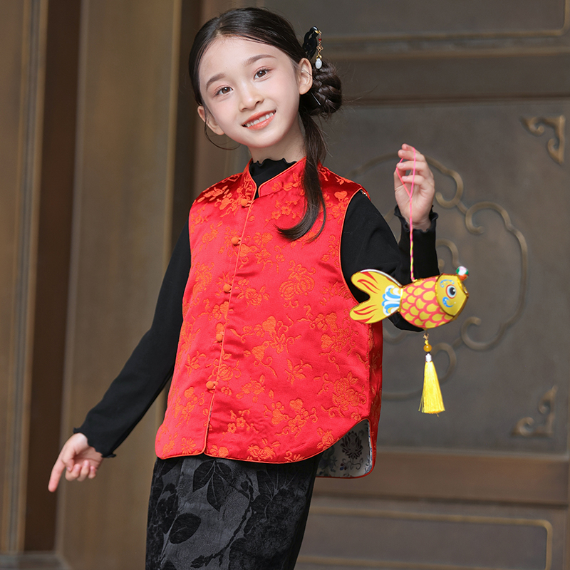 叙罗女童新中式马甲秋冬款男童中国风背心两面穿唐装儿童拜年服
