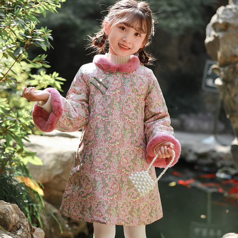 叙罗儿童旗袍2025冬款棉服女童拜年服洋女孩新中式连衣裙中长款