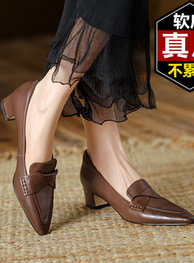 真皮尖头粗跟单鞋女鞋乐福鞋