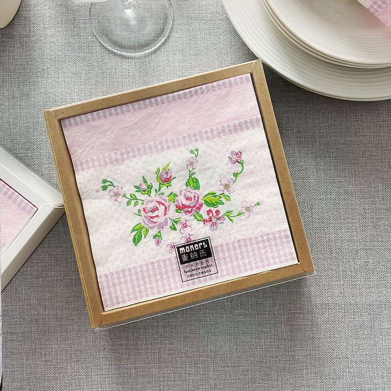 盒装2层60张印花粉色月季餐巾纸