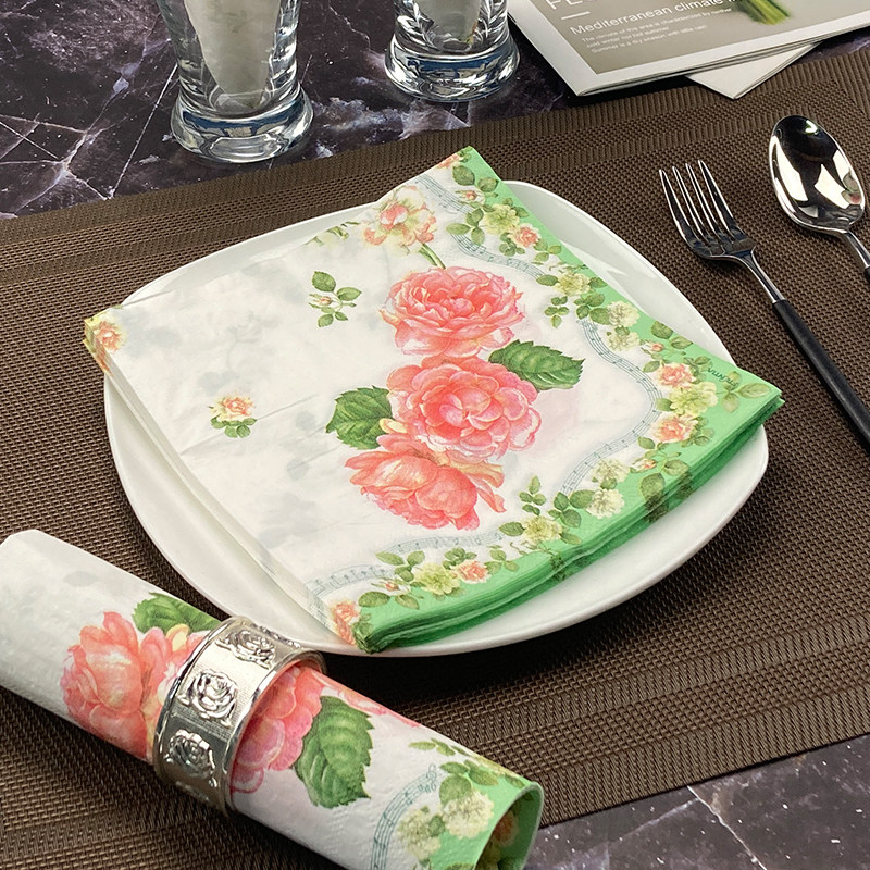 麦纳氏清新玫瑰花彩色印花餐巾纸
