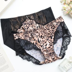 女士内裤豹纹薄软弹性面料舒适低腰包臀性感无痕黑蕾丝边三角内裤