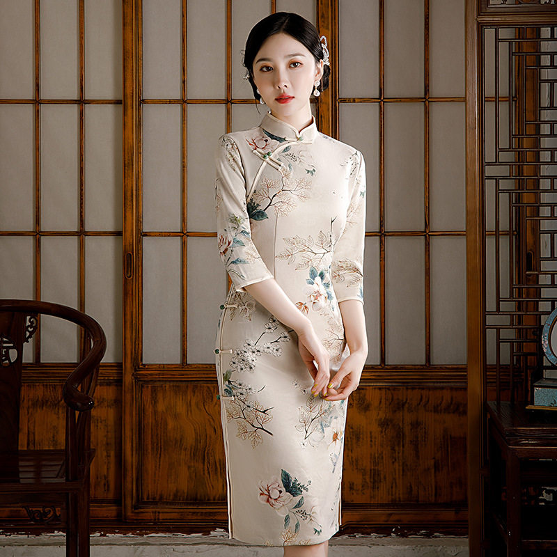 2021秋冬新款麂皮绒七分袖中长款日常旗袍改良中式大码修身连衣裙