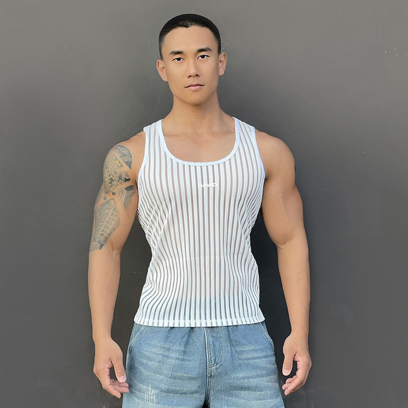 辉先生夏季男士网纱缕空工字背心透视感运动健身休闲弹力速干T恤