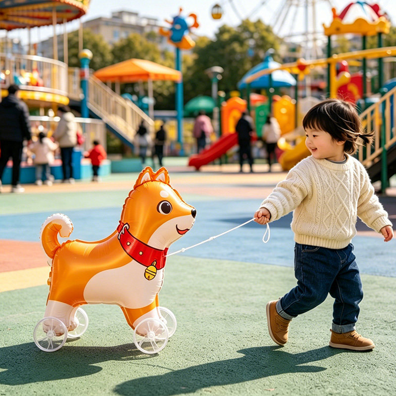 卡通柴犬铝膜气球动物小狗拉车儿童节日装饰手动充气玩具生日摆件
