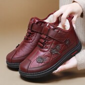 防滑软底棉鞋 皮面刺绣老北京休闲鞋 女绵羊毛中老年加绒保暖妈妈鞋
