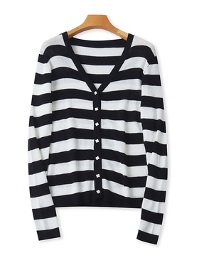 长袖V领条纹针织开衫春秋新款百搭显瘦纽扣外套披肩宽松上衣09452