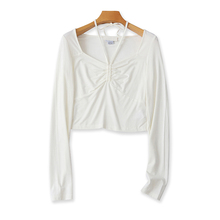 外贸方领系带挂脖长袖T恤衫春秋新款弹力短款显瘦体恤女上衣10223