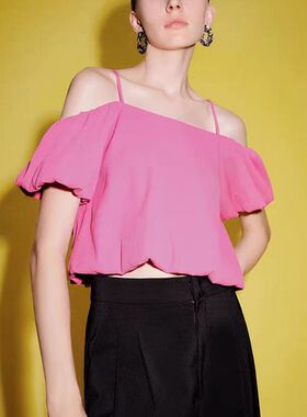 法式吊带一字露肩T恤衫 夏季新款时尚女甜美短款灯笼袖上衣 16434