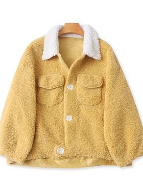 皮毛一体羊羔毛短款外套 春秋新款纽扣开衫翻领拼色女装上衣03124