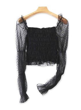 网纱一字肩小衫 夏季新款修身百搭女短款打底衫外单长袖上衣08313