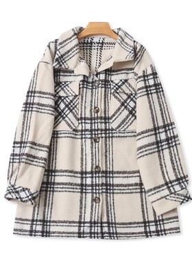 大版翻领毛呢格子外套 春秋新款中长款大衣女装开衫休闲上衣20161