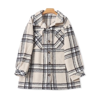 大版翻领毛呢格子外套时尚长袖