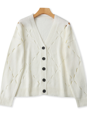 外贸V领镂空针织开衫 春秋新款时尚弹力毛衣 女宽松上衣外套18211