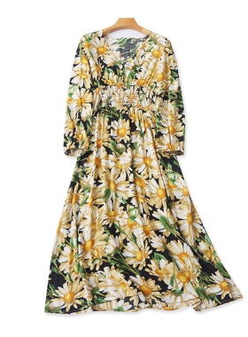 V领碎花长袖连衣裙 春秋新款长款收腰显瘦外贸女装套头裙子 20503