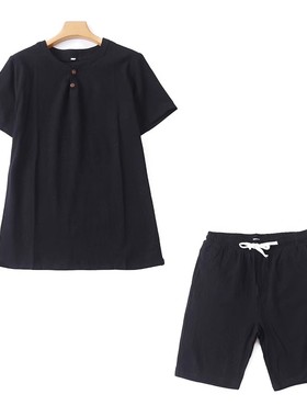 圆领两粒扣棉麻T恤衫套头衫夏季新款松紧腰短裤休闲2件套装 18354