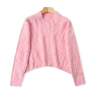 慵懒风V领提花针织衫 春秋新款短款宽松时尚女长袖弹力毛衣 13364