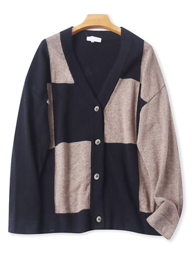 V领拼色格子针织衫春秋新款纽扣毛衣开衫女时尚百搭显瘦上衣16402