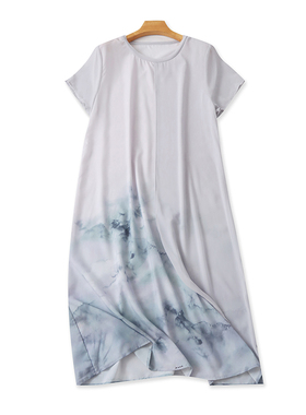 文艺风圆领短袖连衣裙 夏季新款薄款墨染百搭长款显瘦女裙子22022