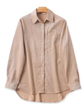 外贸翻领灯芯绒衬衫 春秋新款长袖错层衬衣 外贸女宽松上衣 13462