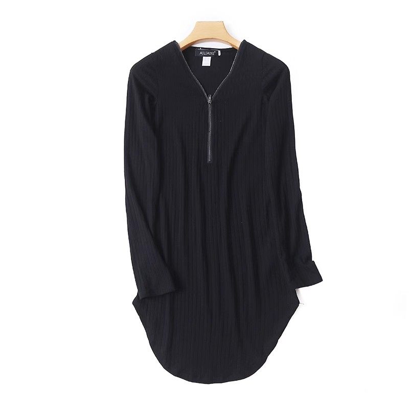 外贸V领中长款修身连衣裙 春秋新款长袖弹力A字时尚女装裙子23174