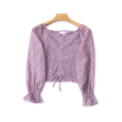 夏季一字肩碎花短款长袖上衣