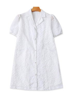 外贸翻领泡泡纱中长款衬衫 夏季新款短袖纽扣开衫甜美女上衣11342