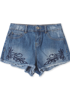 外贸毛边刺绣牛仔短裤 夏季新款百搭时尚短款女外搭包臀裤子18094