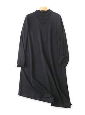 外贸不规则立领长袖连衣裙 春秋新款中长款打底裙女套头裙子02262