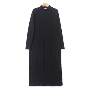 外贸半高领针织长袖连衣裙 春秋新款显瘦开叉女长款时尚裙子16013