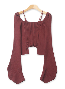 法式紧身吊带露肩针织衫 春秋新款弹力时尚女打底喇叭袖上衣11272