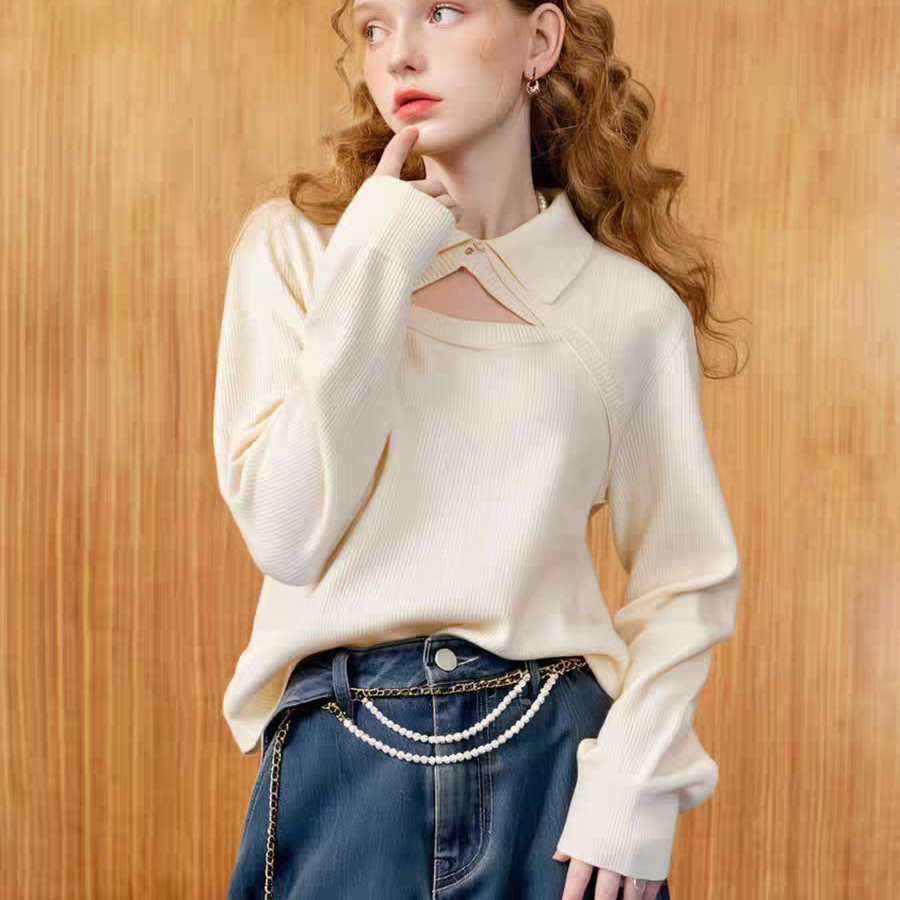 外贸翻领假两件针织衫 春秋新款修身时尚女套头长袖甜美毛衣12313