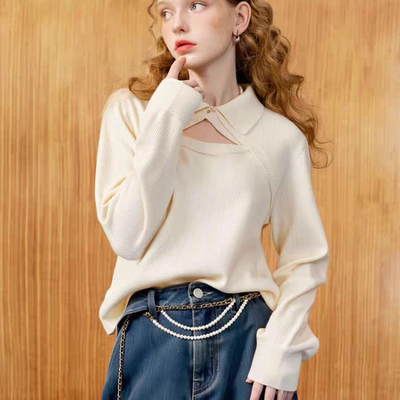 外贸翻领假两件针织衫时尚长袖