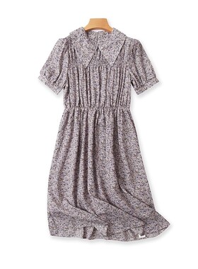 外贸翻领小碎花连衣裙夏季新款短袖长款收腰清新女显瘦A字裙16012