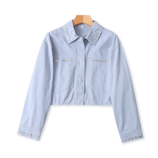 春秋新款 女宽松休闲长袖 时尚 衬衫 上衣14472 短款 外贸翻领铆钉外套