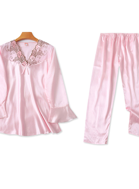 仿真丝V领刺绣家居服春 夏新款松紧腰长裤女两件套绸缎睡衣 22124