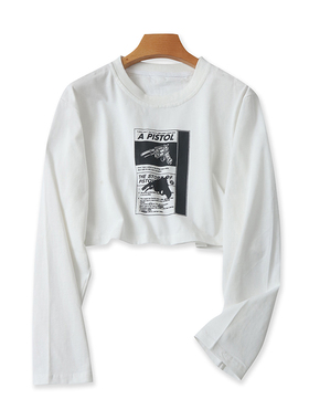 全棉印花短款卫衣 夏季新款长袖宽松女休闲T恤 纯色外贸上衣09264