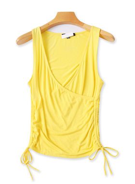 V领系带背心 夏季新款无袖百搭休闲女打底T恤衫时尚外贸上衣12533