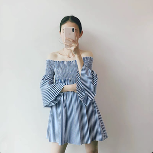 外贸一字肩喇叭袖连衣裙 夏季新款竖条纹A字显瘦露肩短裙子 09032