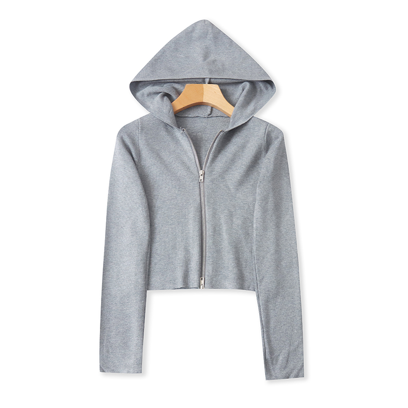 双头拉链连帽针织衫短款弹力长袖