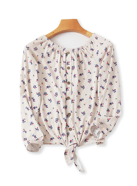 圆领印花条纹T恤衫 春秋新款5分袖衬衫时尚休闲宽松女士上衣08013