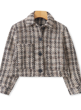 外贸翻领小香风外套 春秋新款长袖时尚女装短款口袋宽松上衣03252