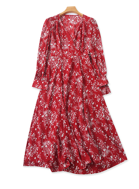 雪纺碎花长款连衣裙 夏季长袖系带百搭A字裙显瘦外贸女裙子 19344