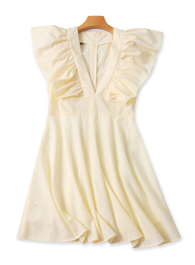 V领木耳边收腰连衣裙 夏季新款无袖百搭中长款女套头A字裙子01153