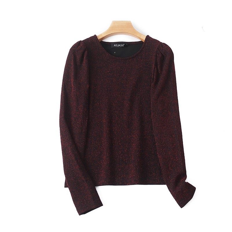 外贸圆领长袖亮丝T恤修身纯色