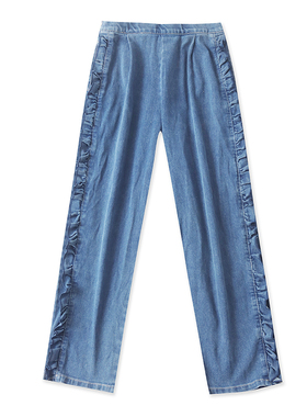 外贸水洗做旧牛仔裤 春秋新款木耳边显瘦时尚女直筒阔腿裤子23323